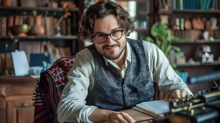 Fototapeta premium Focused Young Novelist Thoughtfully Researching at His Desk in Cozy Home Office