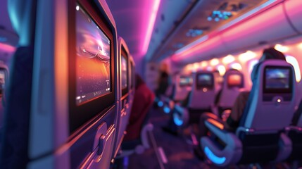 A detailed 3D render of an airplanes economy class with passengers using the inflight entertainment system