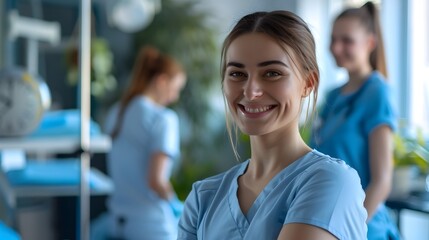 Friendly and Confident Female Physical Therapist Smiling in a Modern Healthcare Office or Clinic Setting