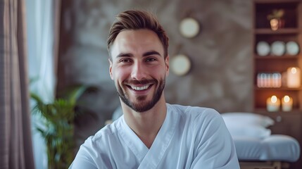 Obraz premium Friendly and Confident Male Massage Therapist Smiling in Professional Setting