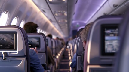 A detailed 3D render of an airplanes economy class with passengers using the inflight entertainment system