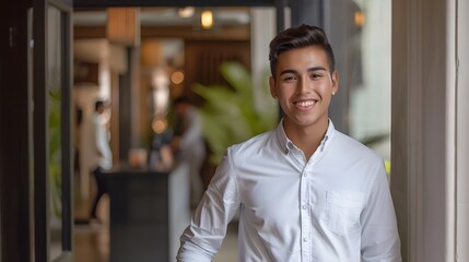 Fototapeta premium Friendly Hotel Greeter Welcoming Guests at Entrance