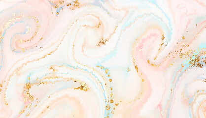 Modern liquid marble painting background design with swirl waves and gold sequins.