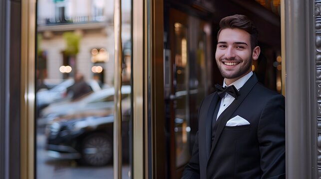 Friendly and Welcoming Young Hotel Doorman Greeting Guests with Warm Smile at Upscale Urban Establishment