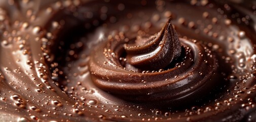 Close-up of rich, creamy chocolate swirl with glistening details perfect for dessert and food-themed designs.