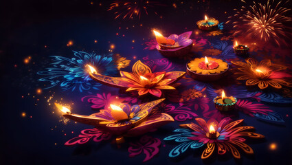 A dazzling display of diwali fireworks radiating in a spectrum of vibrant hues