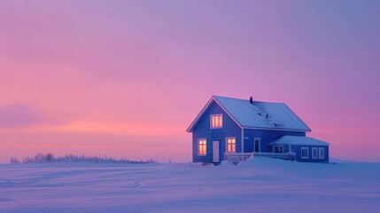 Photo of Blue house in winter landscape with pink sky, Arctic summer evening sunset, northern nature concept - Powered by Adobe
