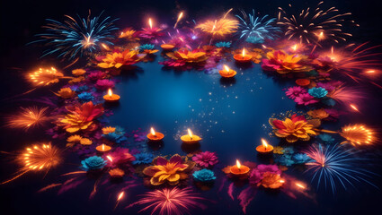 A dazzling display of diwali fireworks radiating in a spectrum of vibrant hues