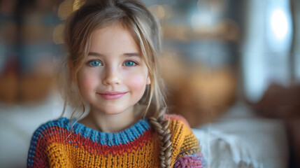Cute Child. Smile with happiness. The little girl in her room. Kid. 85mm F1.2 