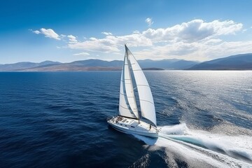 Fototapeta premium White Sailboat Cutting Through Blue Waters With Mountainous Coastline In The Distance