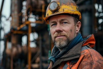 Portrait of hardworking oil field worker. Oil drilling derricks at oilfield. Crude oil production from the ground. Petroleum production, Generative AI 