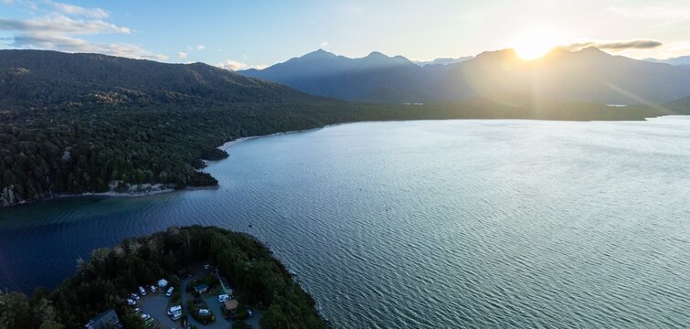 Town and Lake Manapouri, Te Anau, Southland, New Zealand.