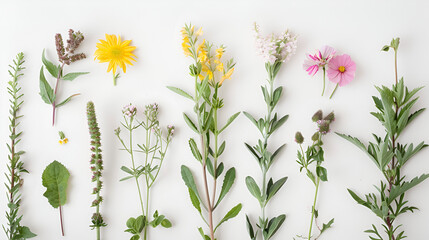 Drawn wild flowers on a white background ,generative ai