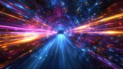 Obraz premium Dynamic light tunnel with vibrant colors and high-speed motion, perfect for sci-fi themes and futuristic visuals.