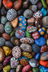 A dense collection of small rocks painted with various designs and colors, filling the entire frame. The rocks display patterns, animals, and abstract art, creating a whimsical and creative background