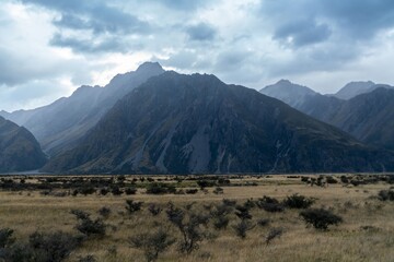 View towards Mt Cook on a stormy day, Canterbury, New Zealand.