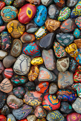 A dense collection of small rocks painted with various designs and colors, filling the entire frame. The rocks display patterns, animals, and abstract art, creating a whimsical and creative background