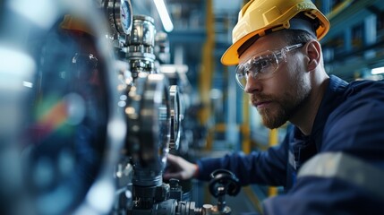 Engineer wearing safety gear and helmet inspecting machinery in an industrial plant for maintenance and quality control.