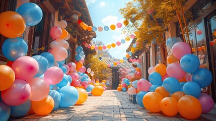 A cheerful atmosphere with a cascade of balloons and ribbons. - Event decoration background