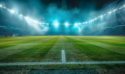 Illuminated Football Stadium at Night with Bright Floodlights Shining on the Green Grass Field, Ready for a Soccer Match, Creating a Dramatic and Exciting Atmosphere
