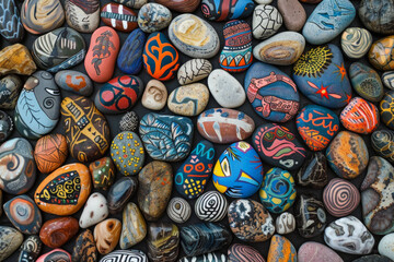 A dense collection of small rocks painted with various designs and colors, filling the entire frame. The rocks display patterns, animals, and abstract art, creating a whimsical and creative background