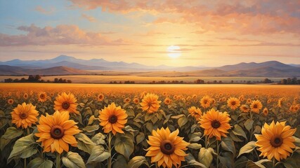 Obraz premium sunset over the field of sunflower.