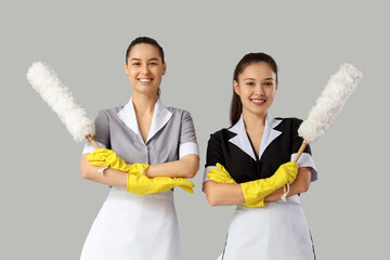 Young chambermaids with pp-dusters on light background