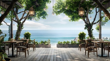 Modern cafe background sea and trees mixed