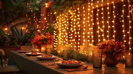 Obraz premium A cheerful party setting with twinkling fairy lights. - Event decoration background