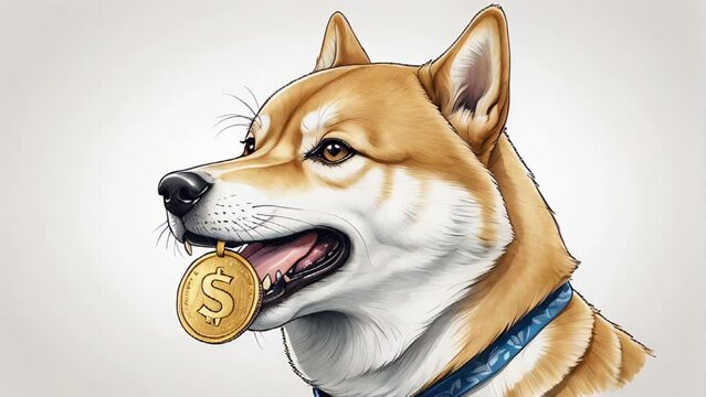 A Shiba Inu dog holds a golden coin in its mouth, cryptocurrency concept
