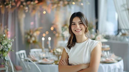 Joyful Event Coordinator Smiling at in Festive Indoor Setting