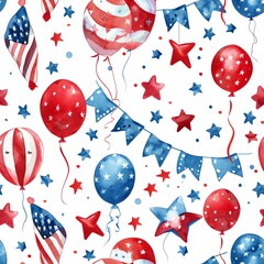 Seamless watercolor pattern showcasing 4th of July parade elements like balloons, flags, and patriotic banners.
