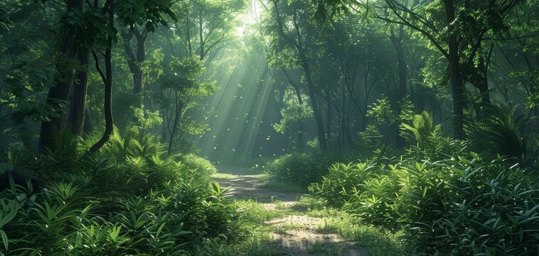 Serene forest path bathed in sunlight, surrounded by lush green foliage, creating a tranquil and peaceful natural scene.