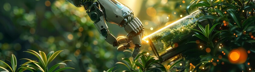 Robotic hand gently touching a growing plant amidst lush greenery, symbolizing the harmony between nature and technology.