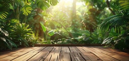 Sunlit tropical jungle background with lush green foliage and wooden decking, creating a serene and natural outdoor setting.