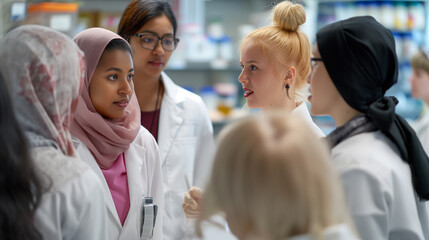 Obraz premium Group of female scientists in lab coats conversing