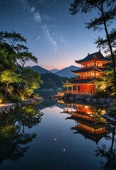 Naklejka premium Reflective Pagoda under a Starry Night