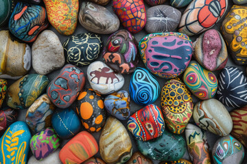 A dense collection of small rocks painted with various designs and colors, filling the entire frame. The rocks display patterns, animals, and abstract art, creating a whimsical and creative background