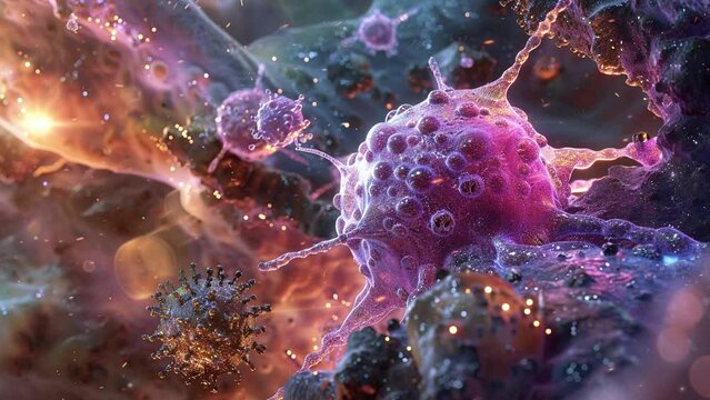 Tumor microenvironment concept with cancer cells, T-Cells, nanoparticles, cancer associated fibroblast layer of tumor microenvironment normal cells, molecules, and blood vessels 3d rendering, 4K