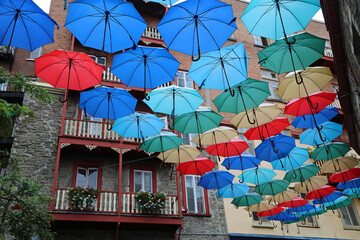 Umbrellas and balcony - Rue du Cul-de-Sac, Quebec City, Canada