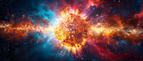 Vibrant cosmic explosion with bright colors and intricate details depicting a supernova in outer space, capturing the essence of the universe.