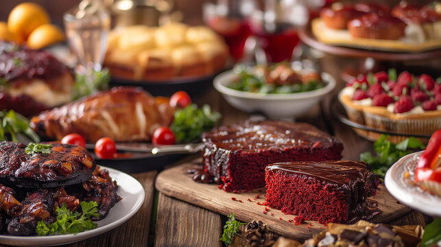 An arrangement of traditional Juneteenth foods like barbecue, red velvet cake, and sweet tea, showcasing the culinary traditions of the holiday, Juneteenth foods, hd, with copy spa