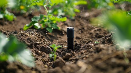 A closeup of a realtime soil moisture sensor buried in the ground providing accurate data to farmers and improving irrigation efficiency.