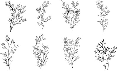 set Floral branch and minimalist flowers for logo or tattoo. Hand drawn line wedding herb
