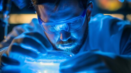 A scientist closely analyzing a petri dish under a microscope, illuminated by blue light to symbolize breakthroughs in biotechnology