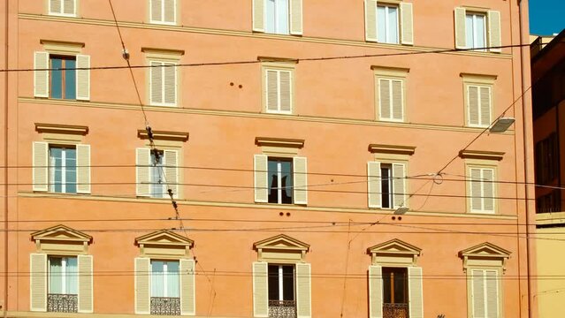 Establishing shot of Via Rizzoli in Bologna, Emilia-Romagna, Italy, a street in the downtown connecting the two towers with Piazza del Nettuno