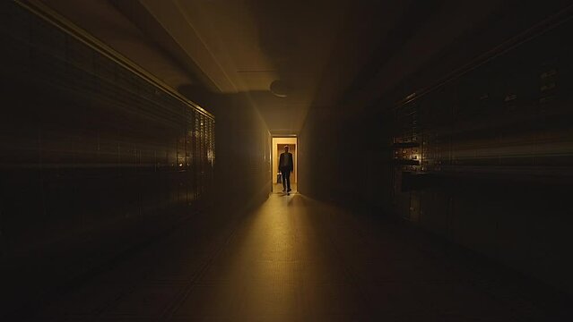A person is walking down a dark hallway with dim light tenuously shining from a nearby doorway