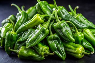  Green padron peppers on a black background, close up view