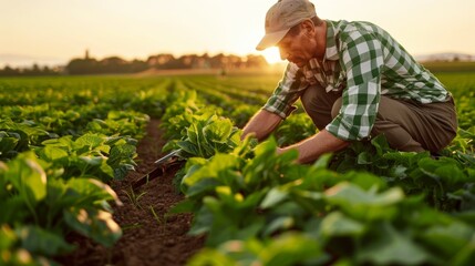 A farmer tending to their fields following the crop rotation plan suggested by AI technology.
