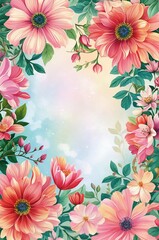 Postcard with red and pink flowers with space for text in the center. Vintage style.
